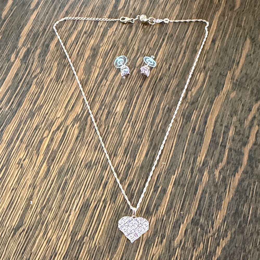 Pink Cubic Zirconia 18k Rose Gold Overlay pendant and stud earrings